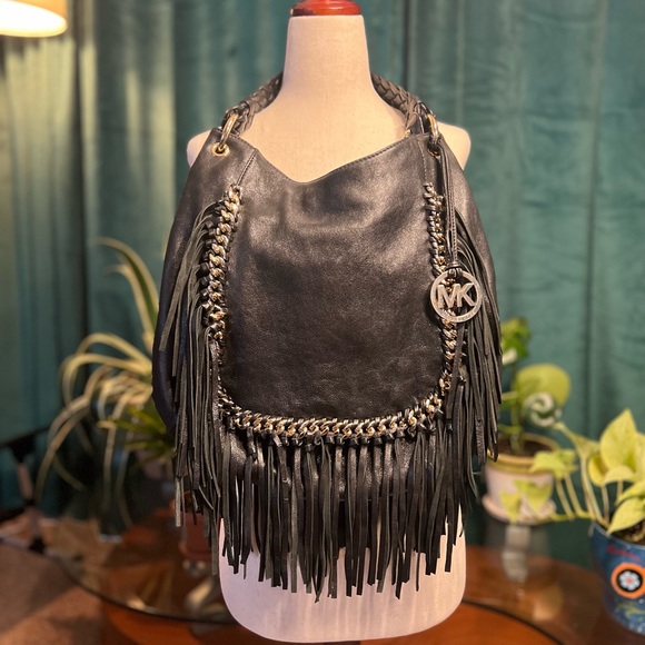 MICHAEL Michael Kors Handbags - Michael Kors Black Leather Fringe Purse with Gold Chain Accents